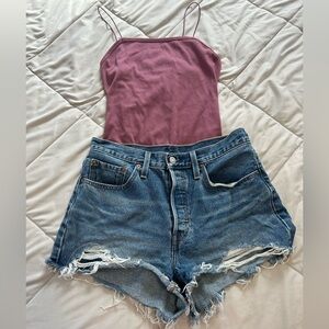 Maroon Body Suite (M) Levi's Women's Blue Distressed Jean Shorts (W28) Bundle